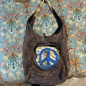 Brown Peace Sign Shoulder Bag